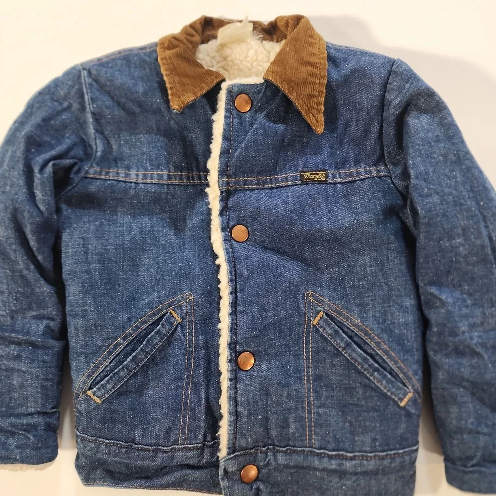 Vtg 1970s Wrangler Youth Western Sherpa Lined Denim Wranger Jacket Kids Med 5-6